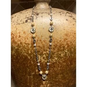 Lori Bonn Necklace Sterling Silver, Mother of Pearl, Pearl, and Crystals 29 Inch